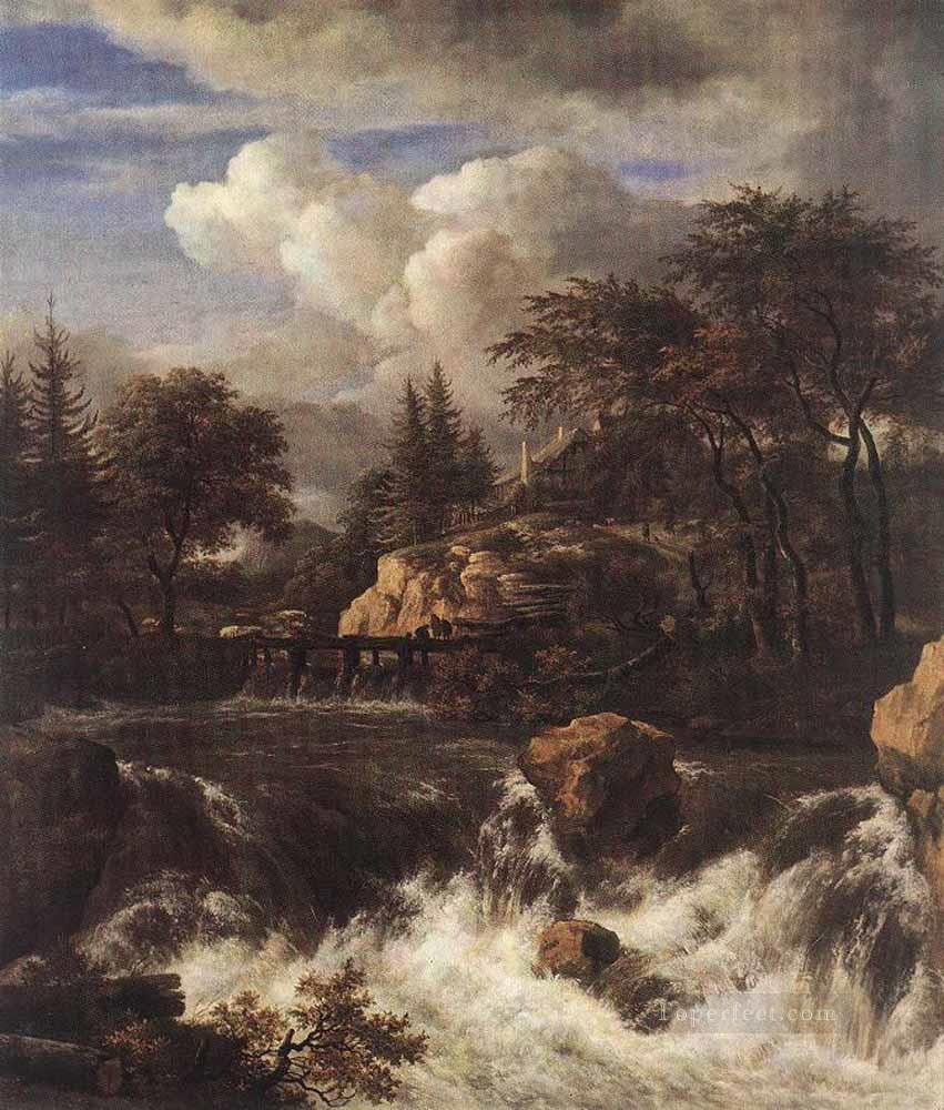 岩だらけの風景の中の滝 ジェイコブ・アイサクゾーン・ファン・ロイスダール油絵